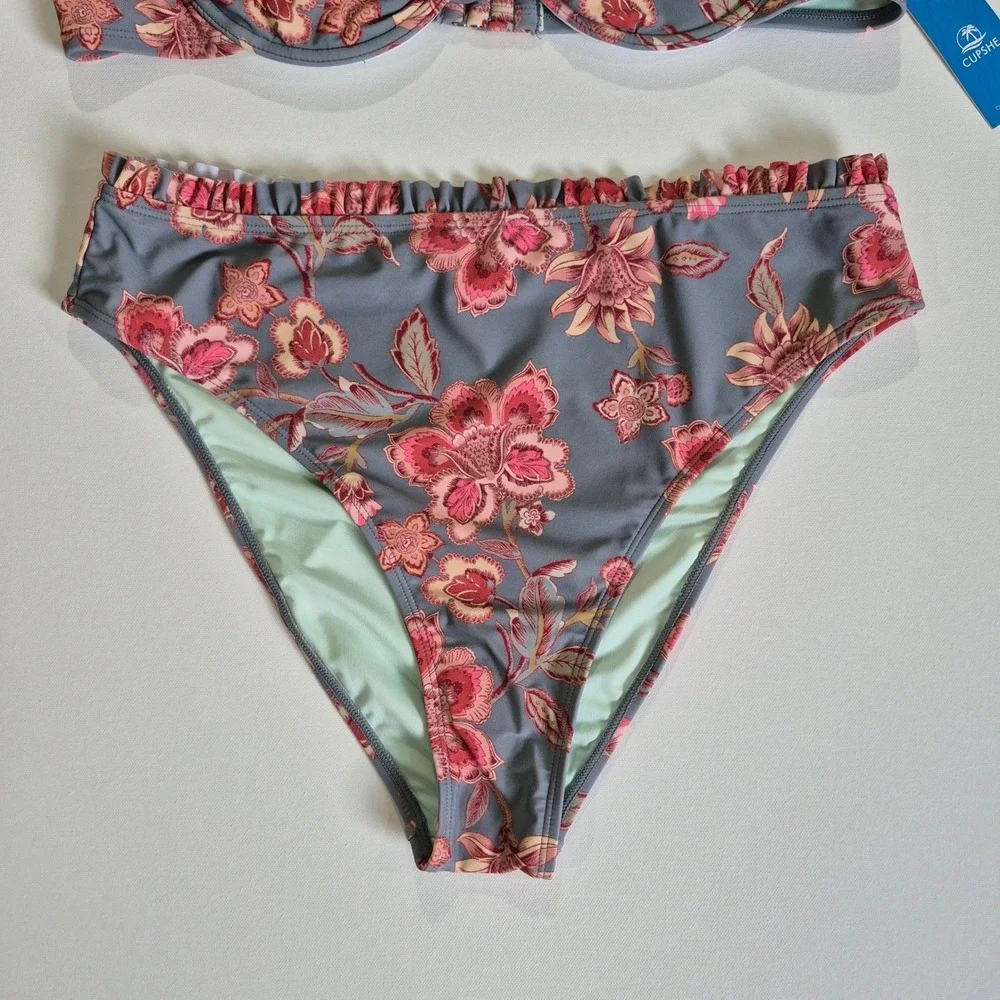 Cupshe Womens Floral Underwire Bikini Set High Waisted Ruffle Grey Pink New‎